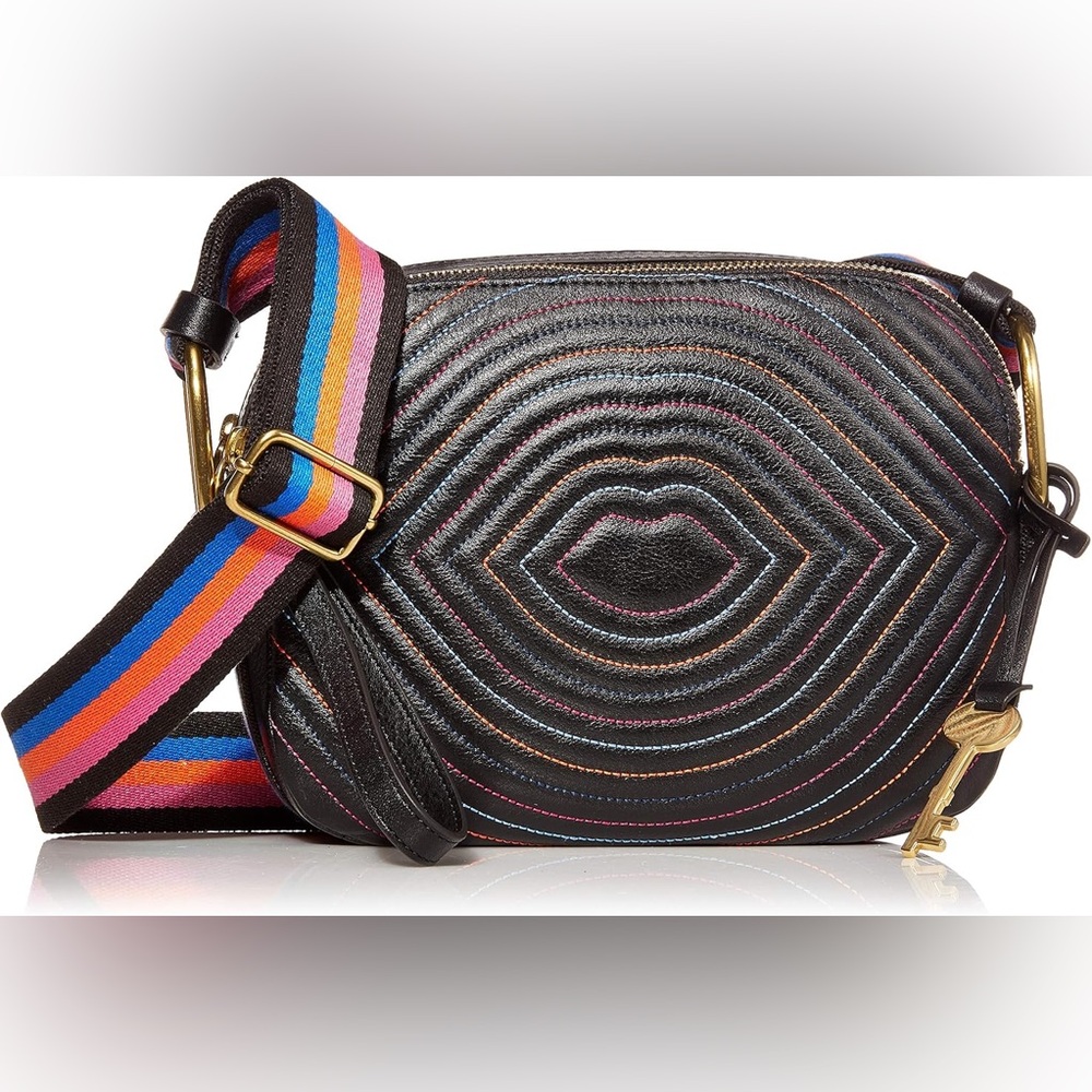 Fossil Black Quilted Crossbody Bag with Multicolor Strap